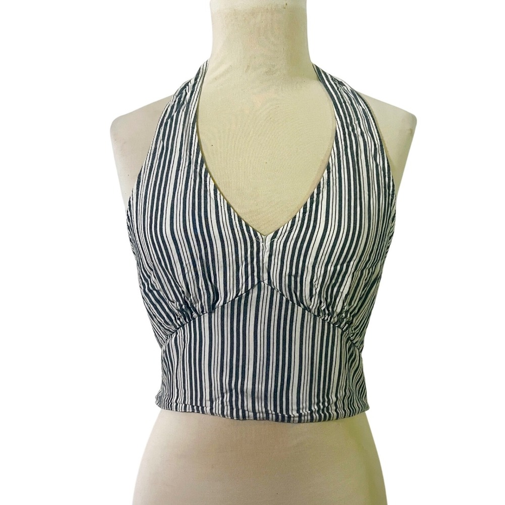 American Eagle Halter Top Blue White Striped Crop Smocked Back Medium M‎
